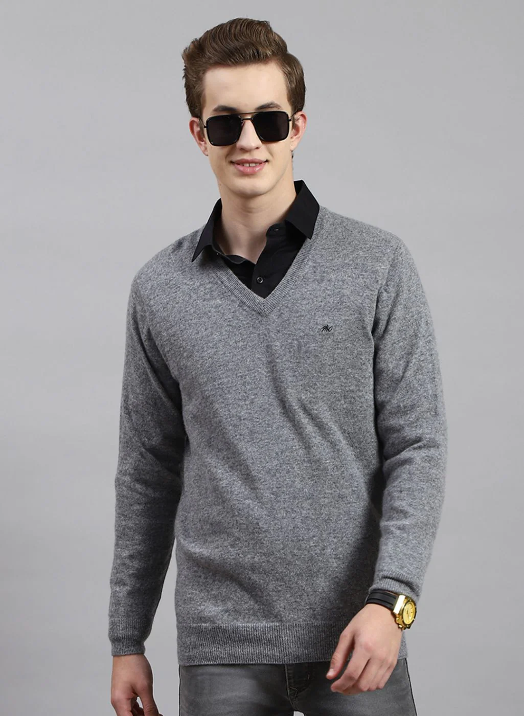 Men Grey Solid Lamb wool Pullover - Image 2