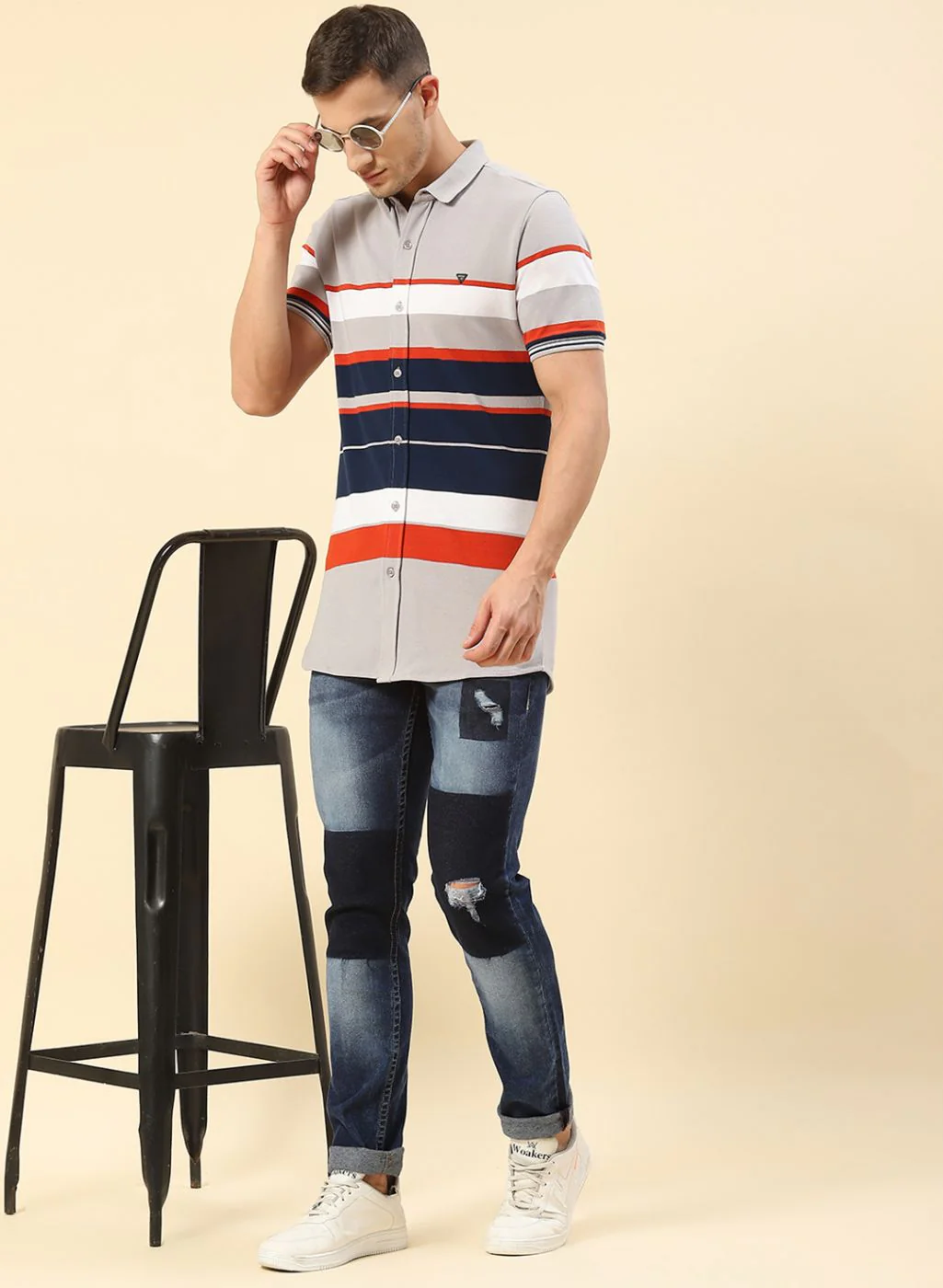 Men Grey Stripe Knitted Shirt - Image 5