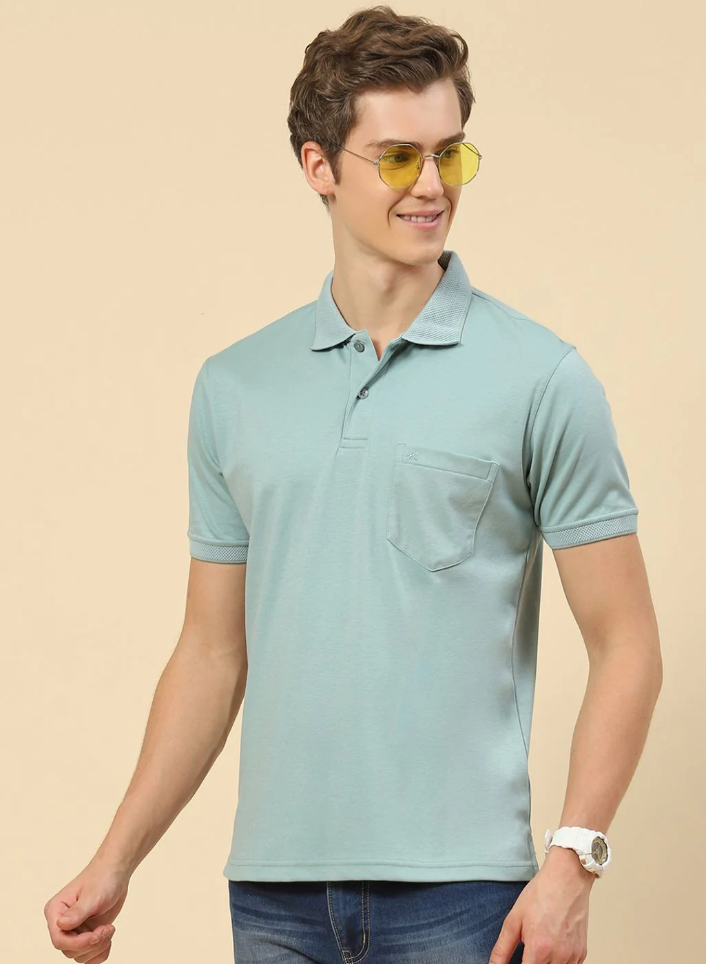 Men Light Blue Plain T-Shirt - Image 3