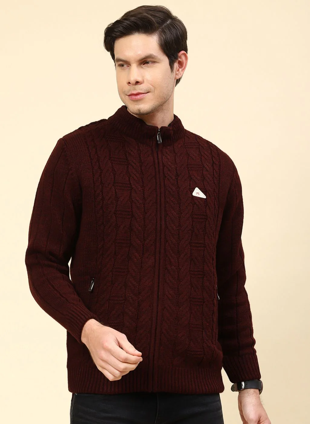 Men Maroon Self Design Wool blend Jacket - Image 2