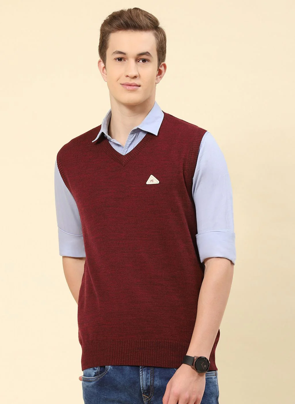 Men Maroon Solid Blend wool Sweater - Image 2