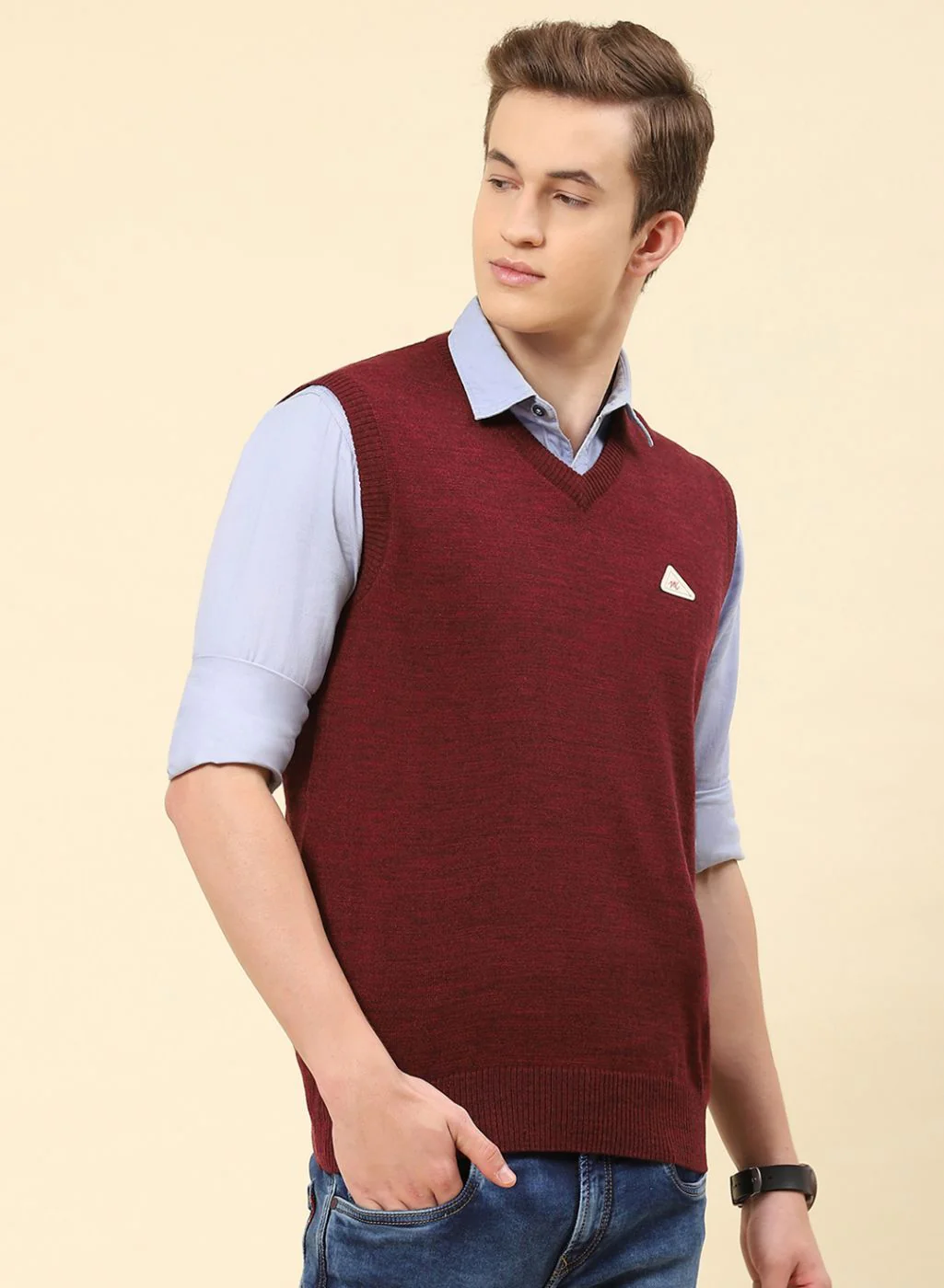 Men Maroon Solid Blend wool Sweater - Image 4