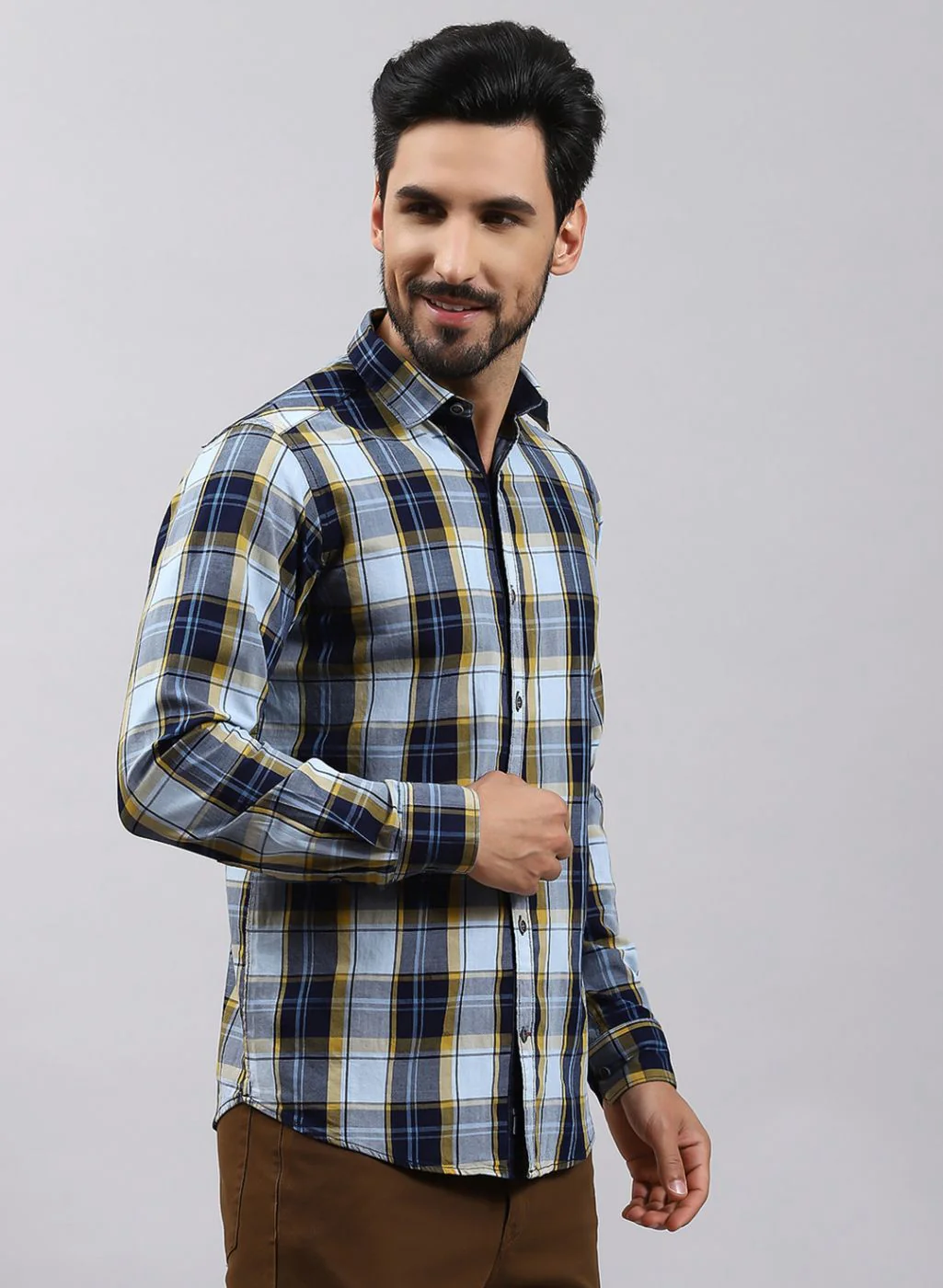 Men Mustard Check Pure Cotton Shirt - Image 4