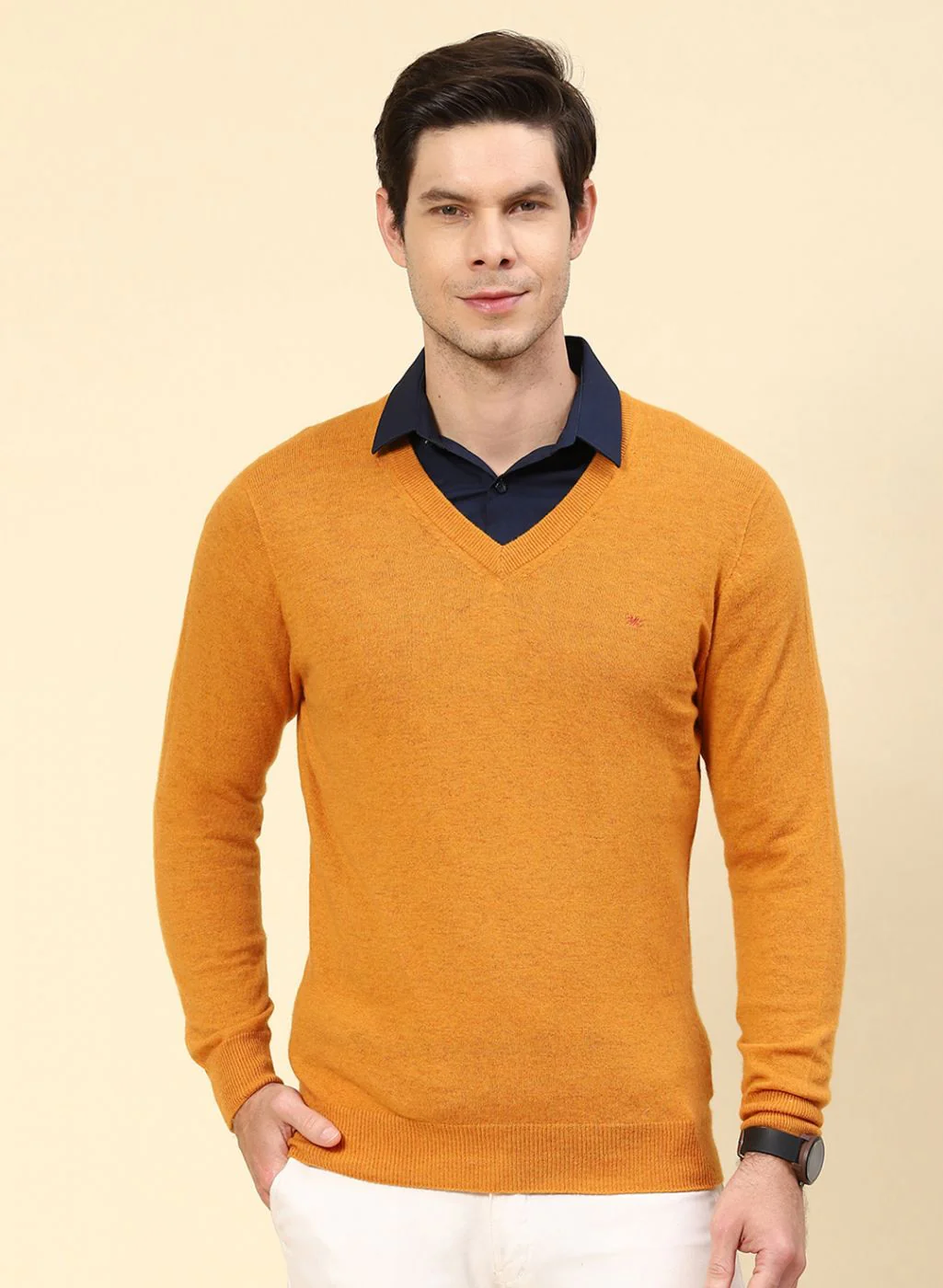 Men Mustard Solid Lamb wool Pullover - Image 2