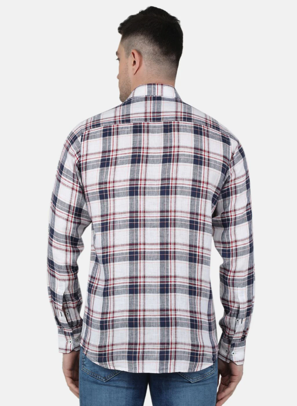 Men NAvy Blue Check Linen Shirt - Image 3