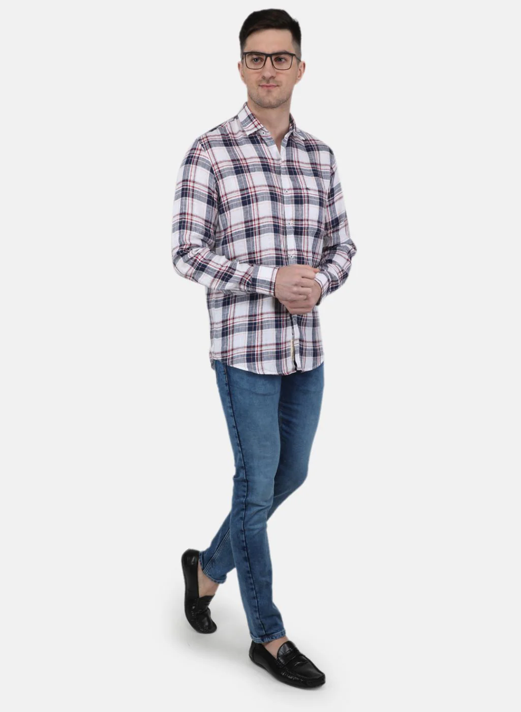 Men NAvy Blue Check Linen Shirt - Image 4