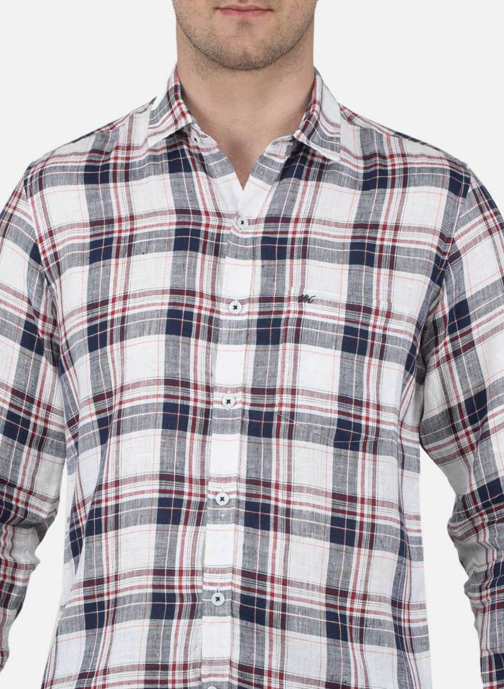 Men NAvy Blue Check Linen Shirt - Image 5