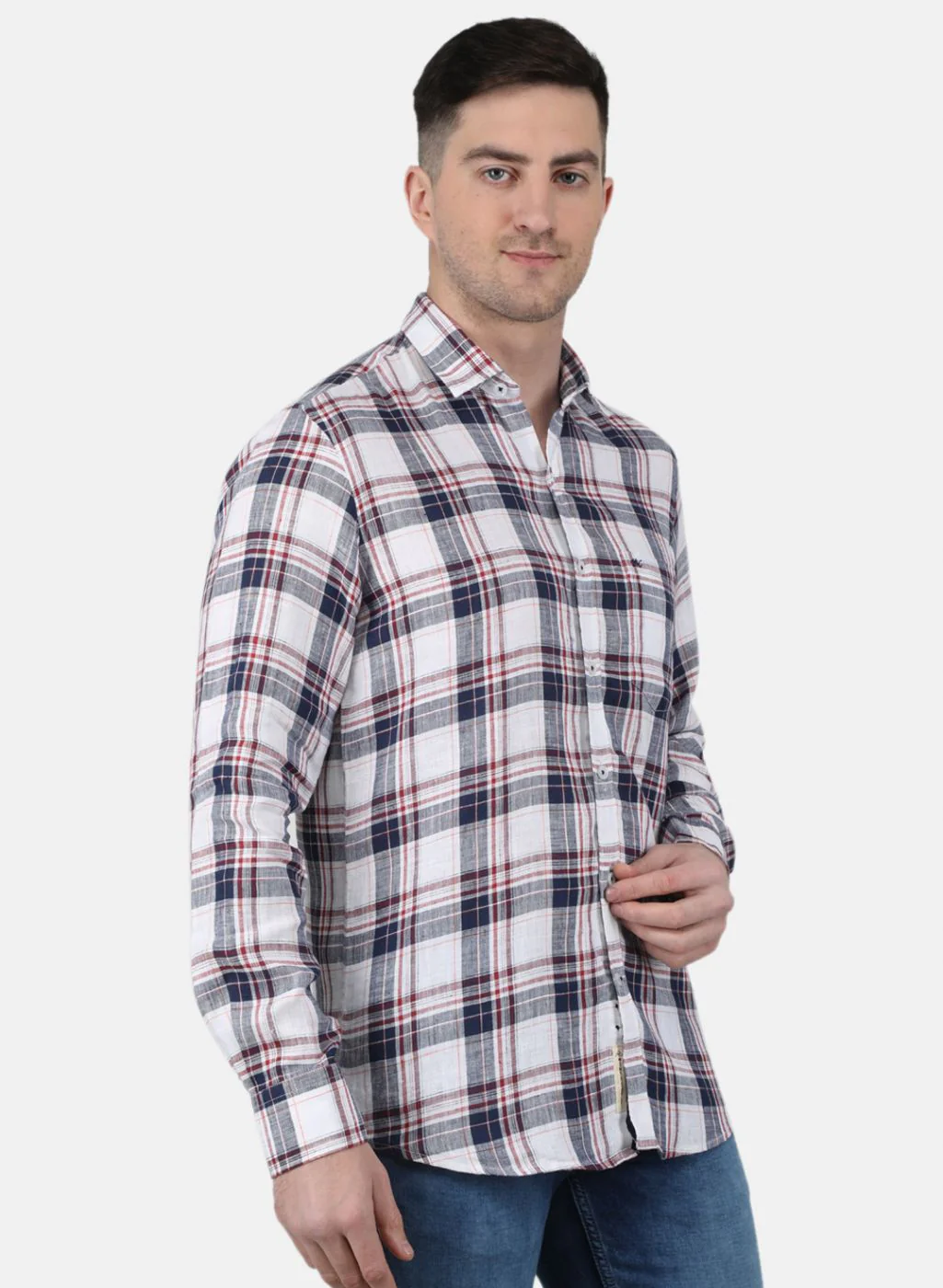 Men NAvy Blue Check Linen Shirt - Image 6