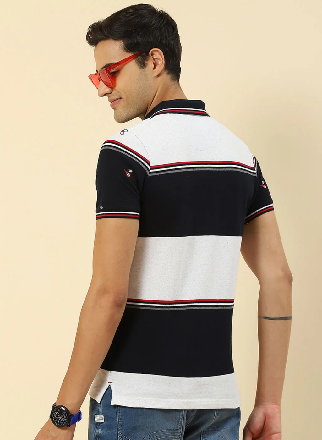 Men NAvy Blue Jaquard T-Shirt - Image 4