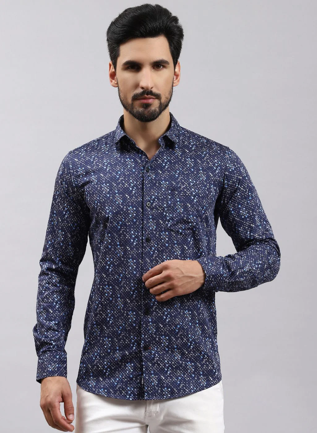 Men NAvy Blue Printed Pure Cotton Shirt - Image 3