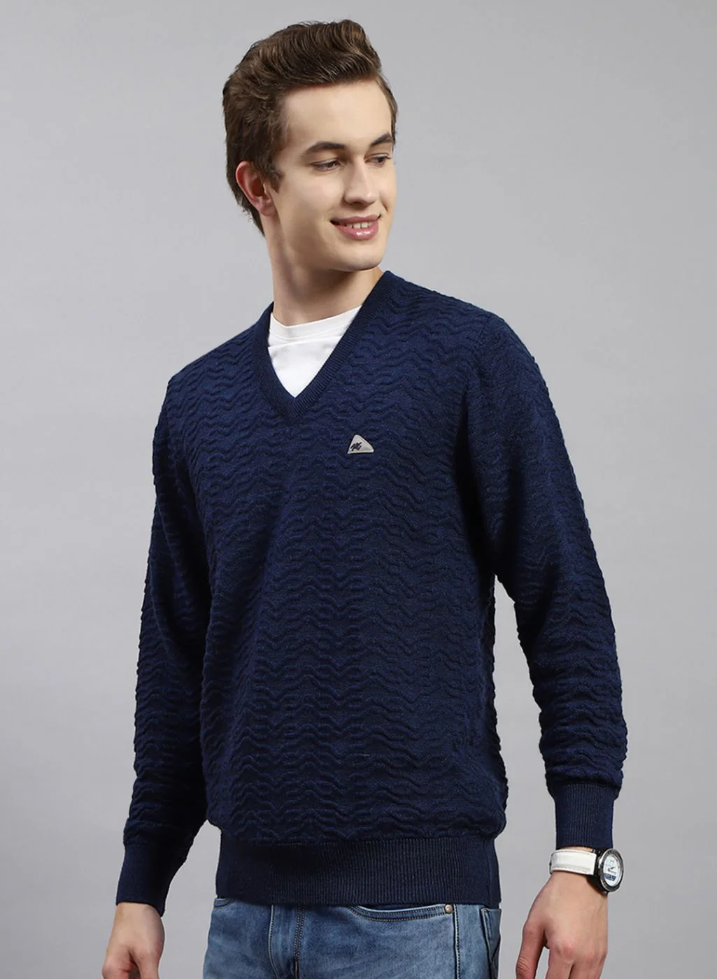 Men NAvy Blue Self Design Pure wool Pullover - Image 3