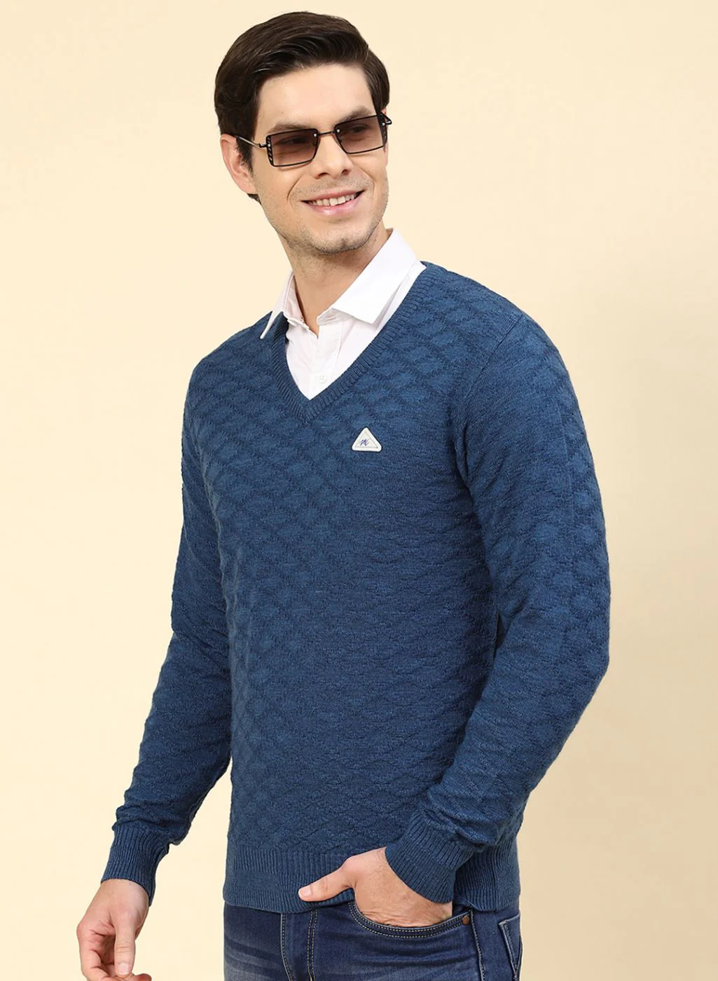 Men NAvy Blue Self Design Wool blend Pullover - Image 3