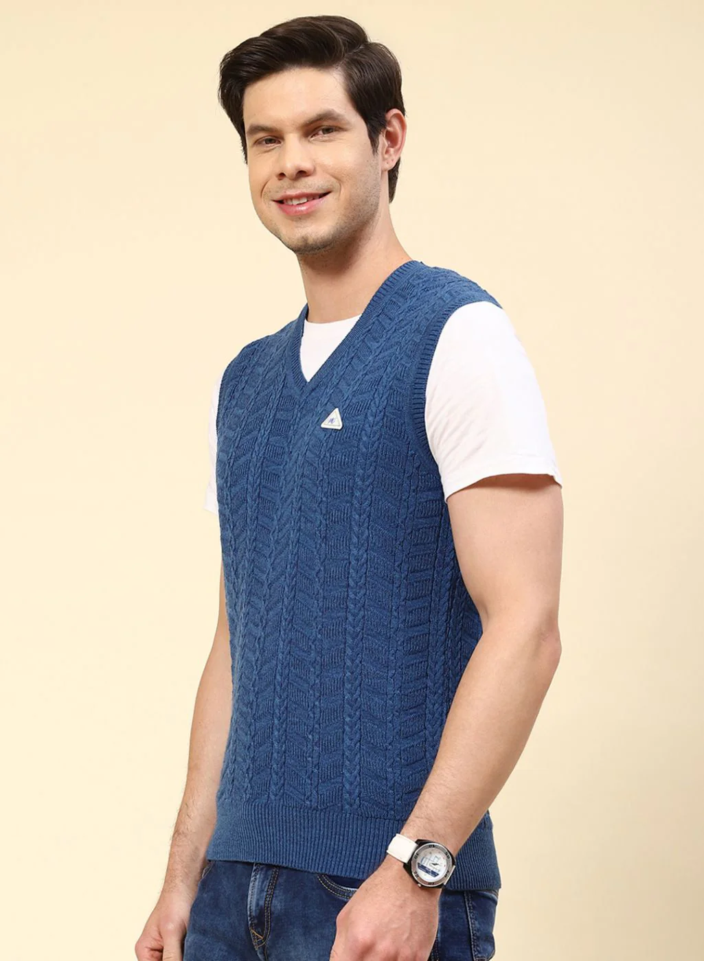 Men NAvy Blue Self Design Wool blend Sweater - Image 3