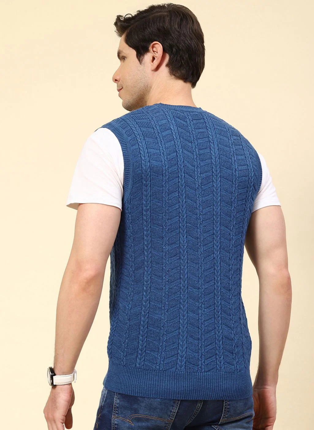 Men NAvy Blue Self Design Wool blend Sweater - Image 5