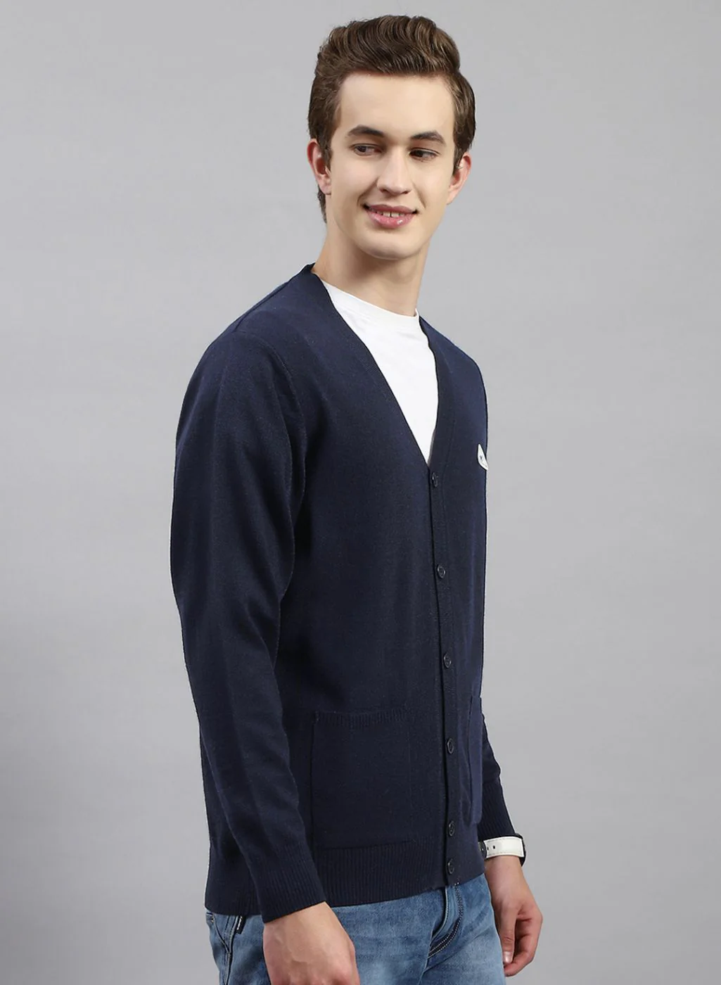 Men NAvy Blue Solid Wool blend Cardigan - Image 4