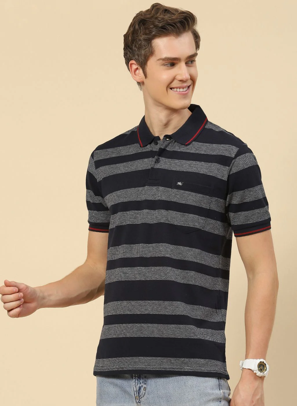 Men NAvy Blue Stripe T-Shirt - Image 2