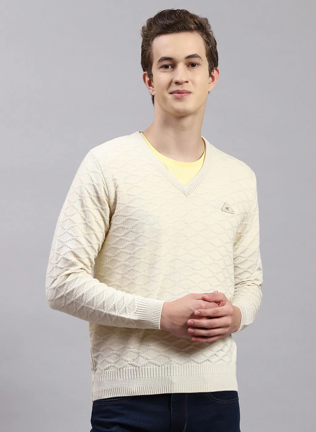 Men Off White Self Design Wool blend Pullover - Image 2