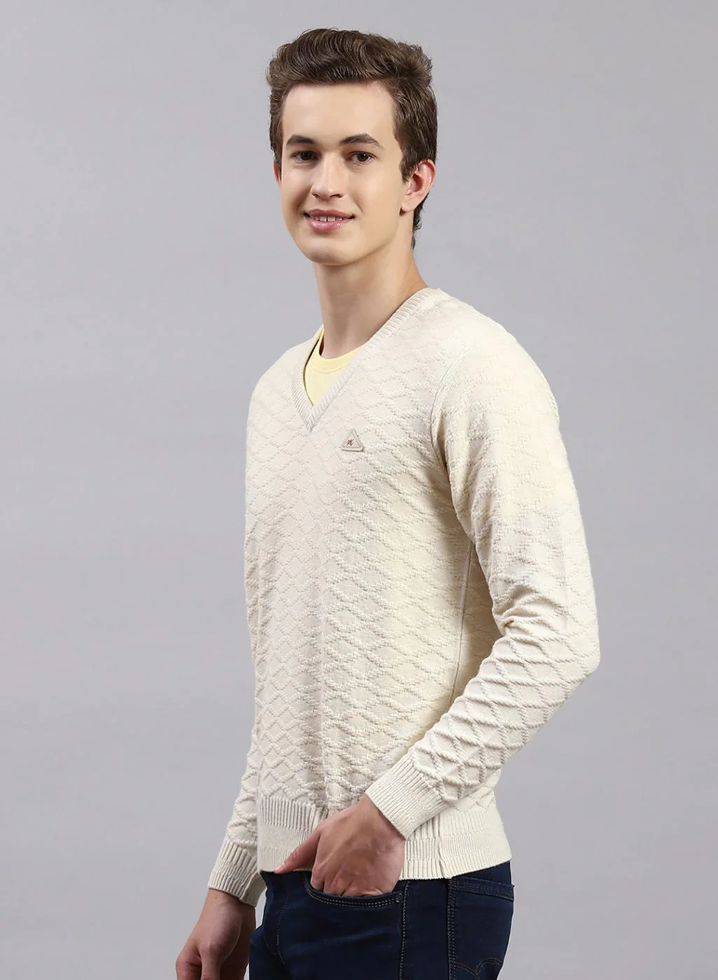 Men Off White Self Design Wool blend Pullover - Image 3