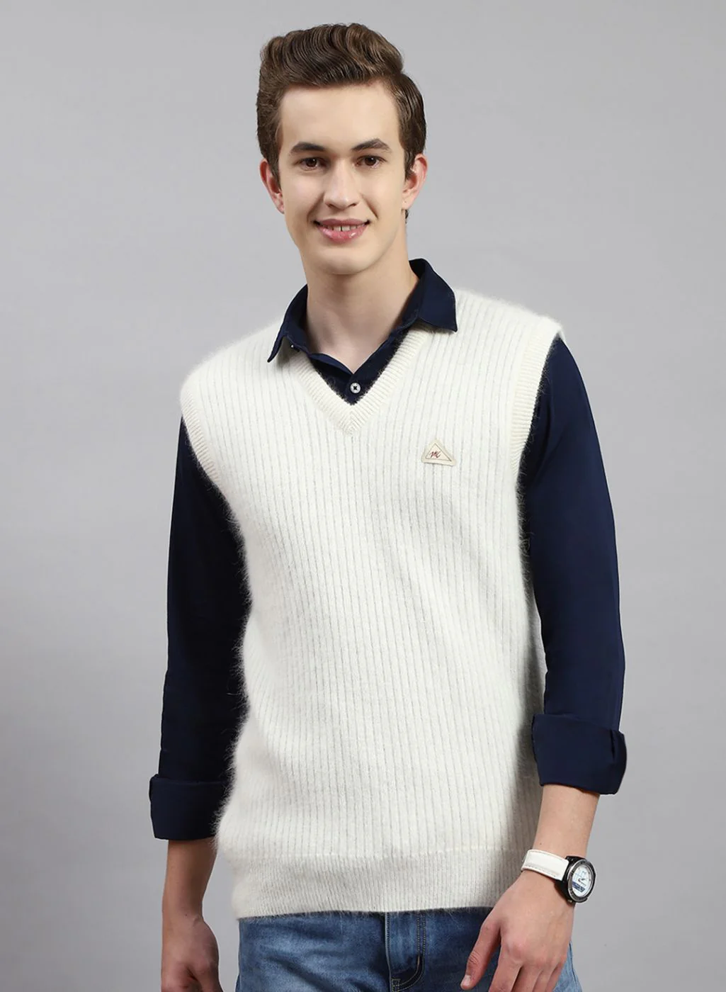 Men Off White Solid Angoora Sweater - Image 2
