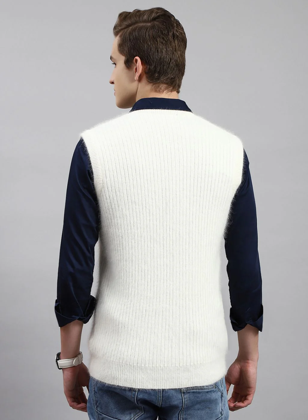 Men Off White Solid Angoora Sweater - Image 5