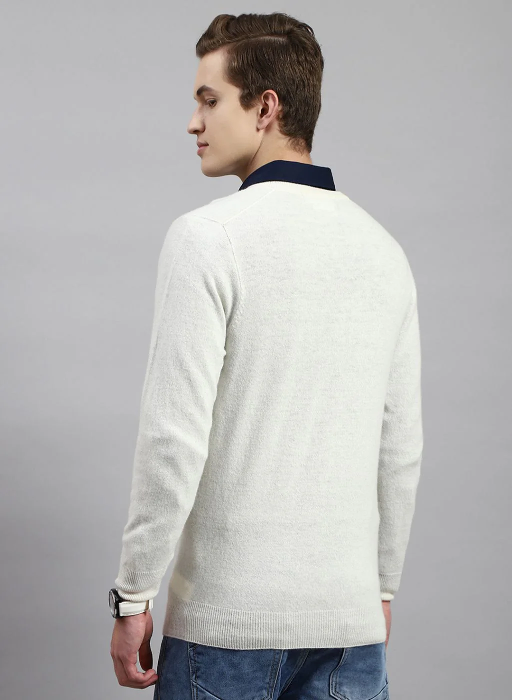 Men Off White Solid Lamb wool Pullover - Image 5