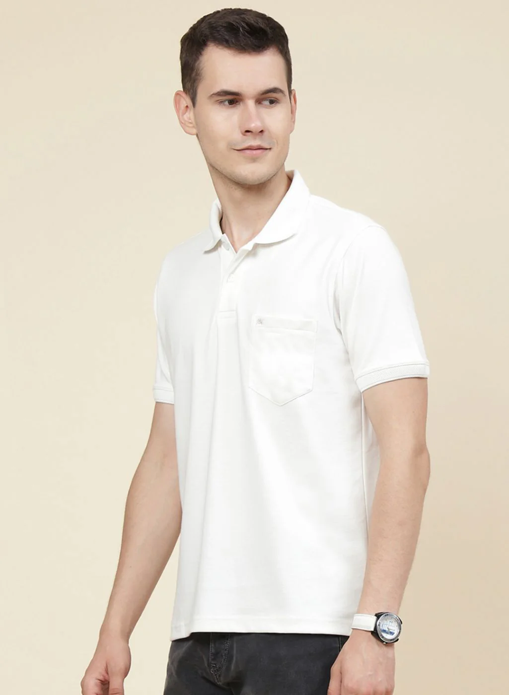 Men Off White Solid T-Shirt - Image 3