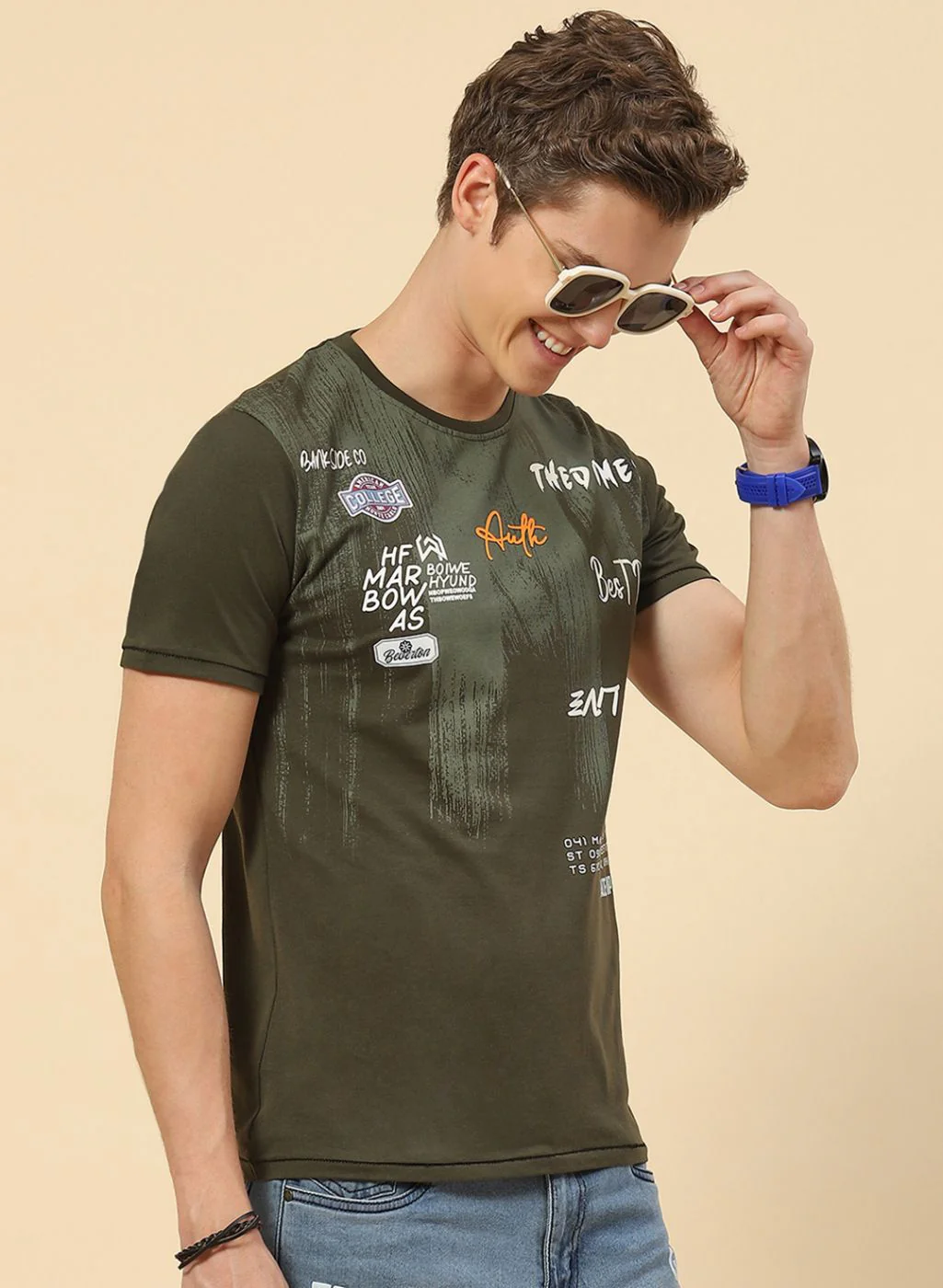 Men Olive Printed T-Shirt - Image 4