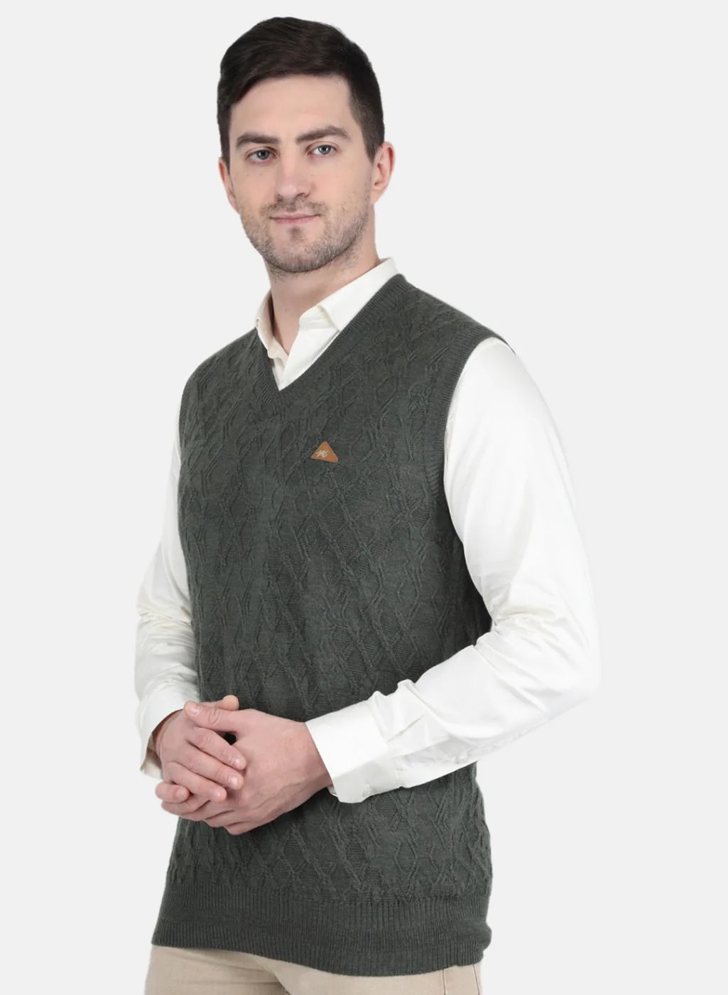Men Olive Self Design Sweater - Image 2