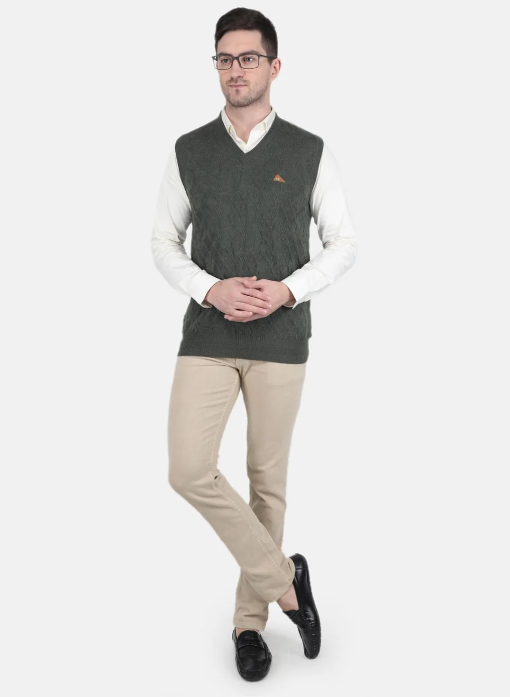 Men Olive Self Design Sweater - Image 4