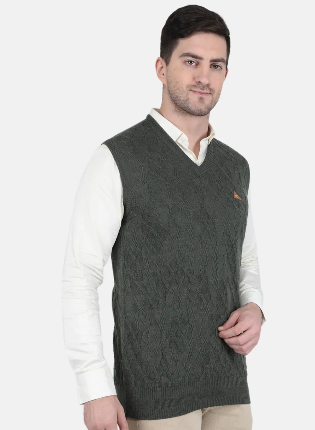 Men Olive Self Design Sweater - Image 6