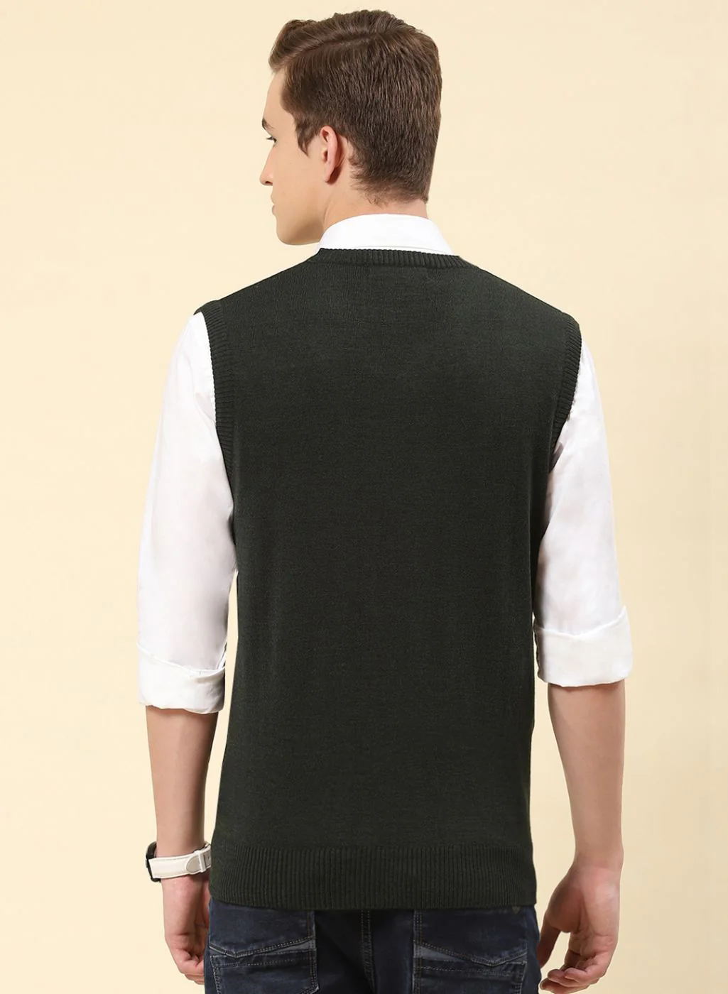 Men Olive Solid Blend wool Sweater - Image 5