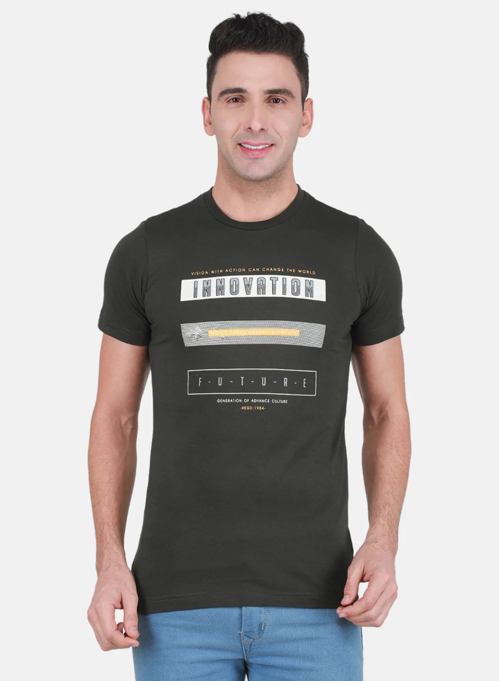 Men Olive & Yellow Solid T-Shirt - Image 2