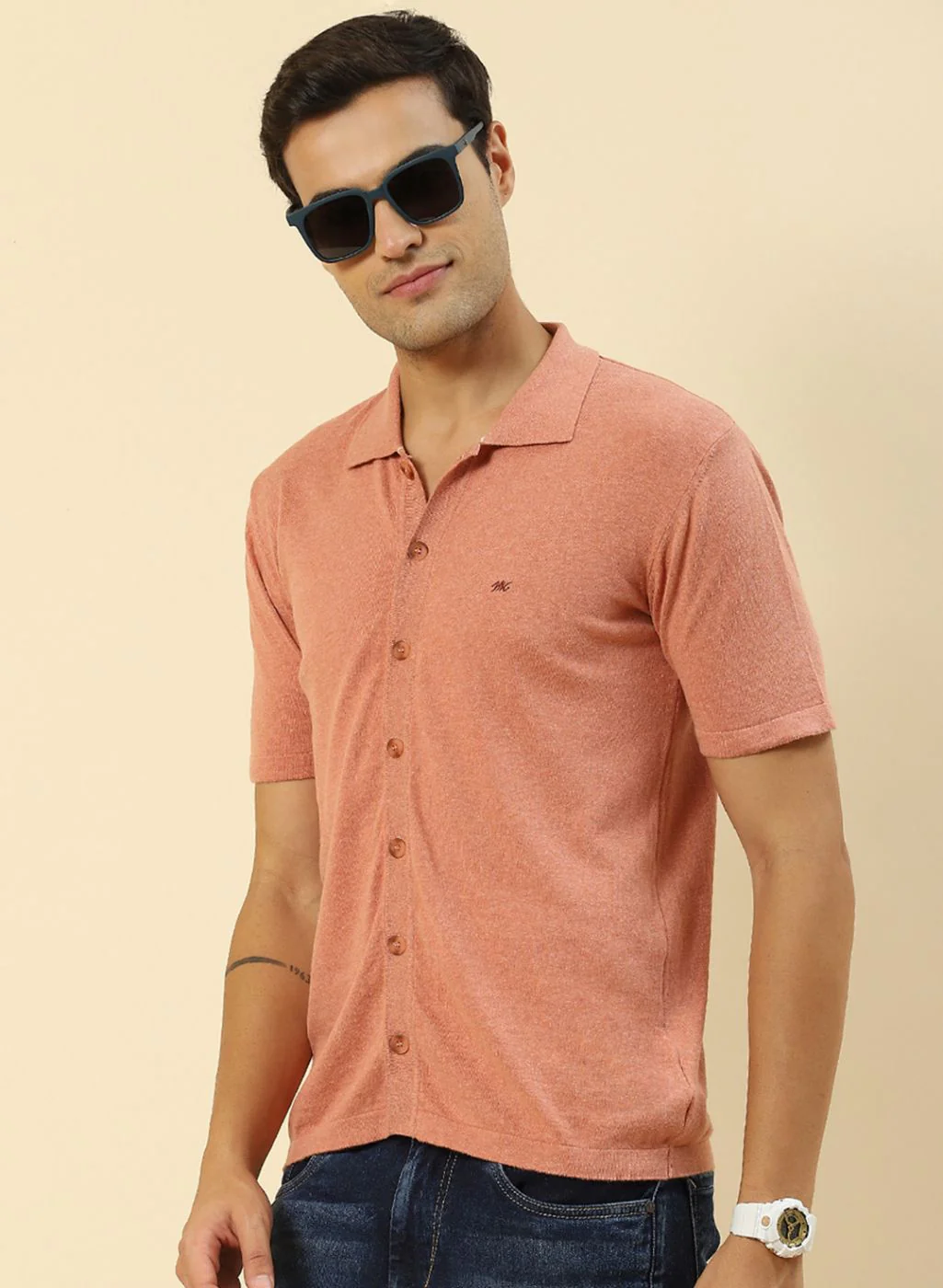 Men Peach Plain T-Shirt - Image 3
