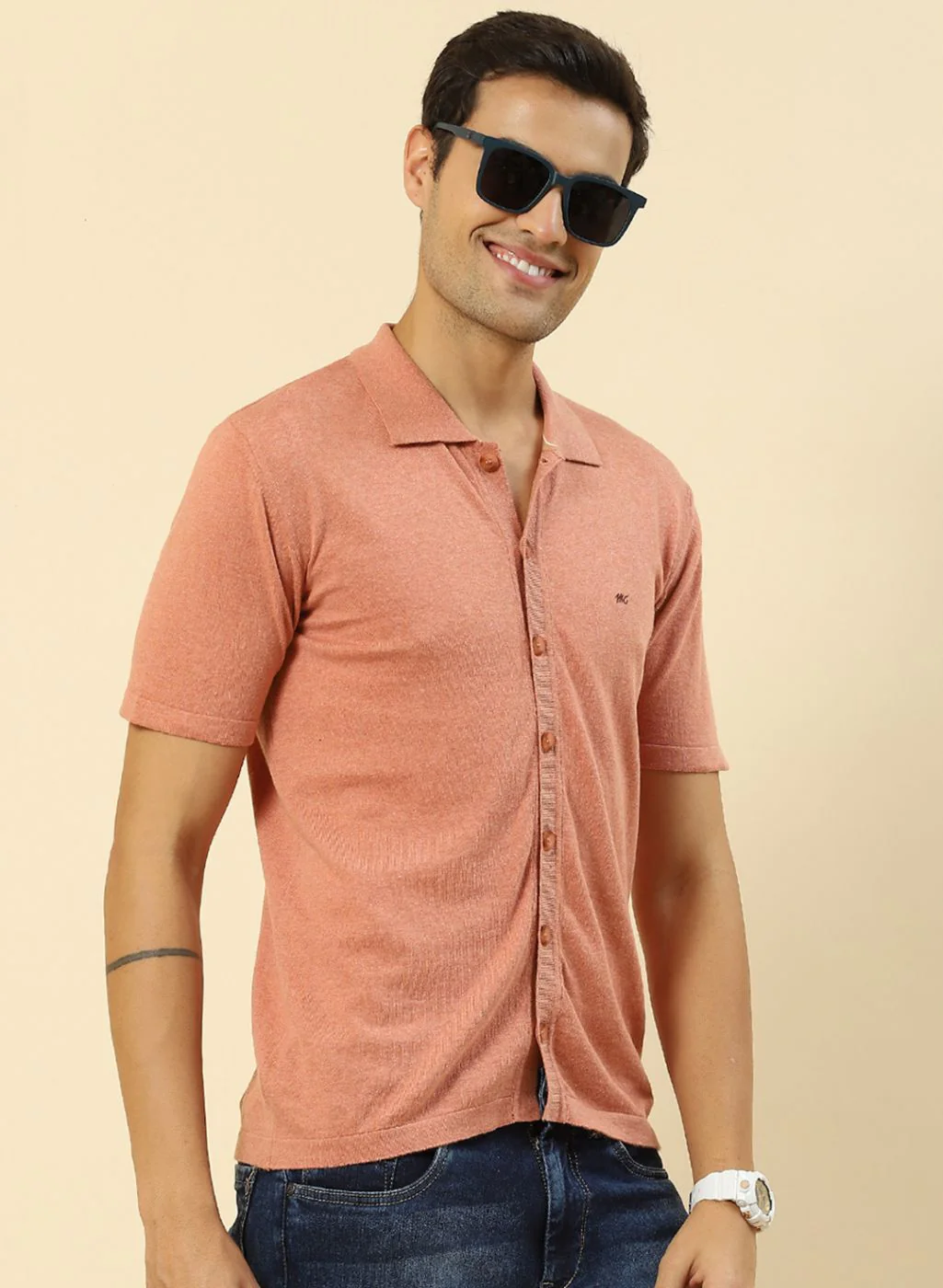 Men Peach Plain T-Shirt - Image 4