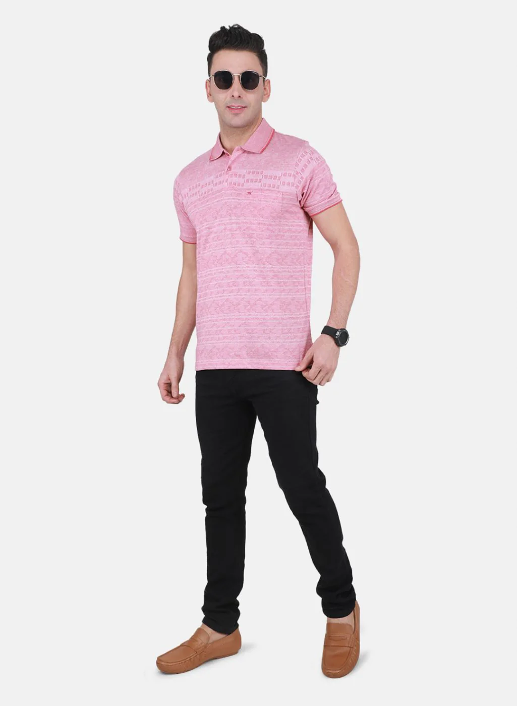 Men Pink Jaquard T-Shirt - Image 4