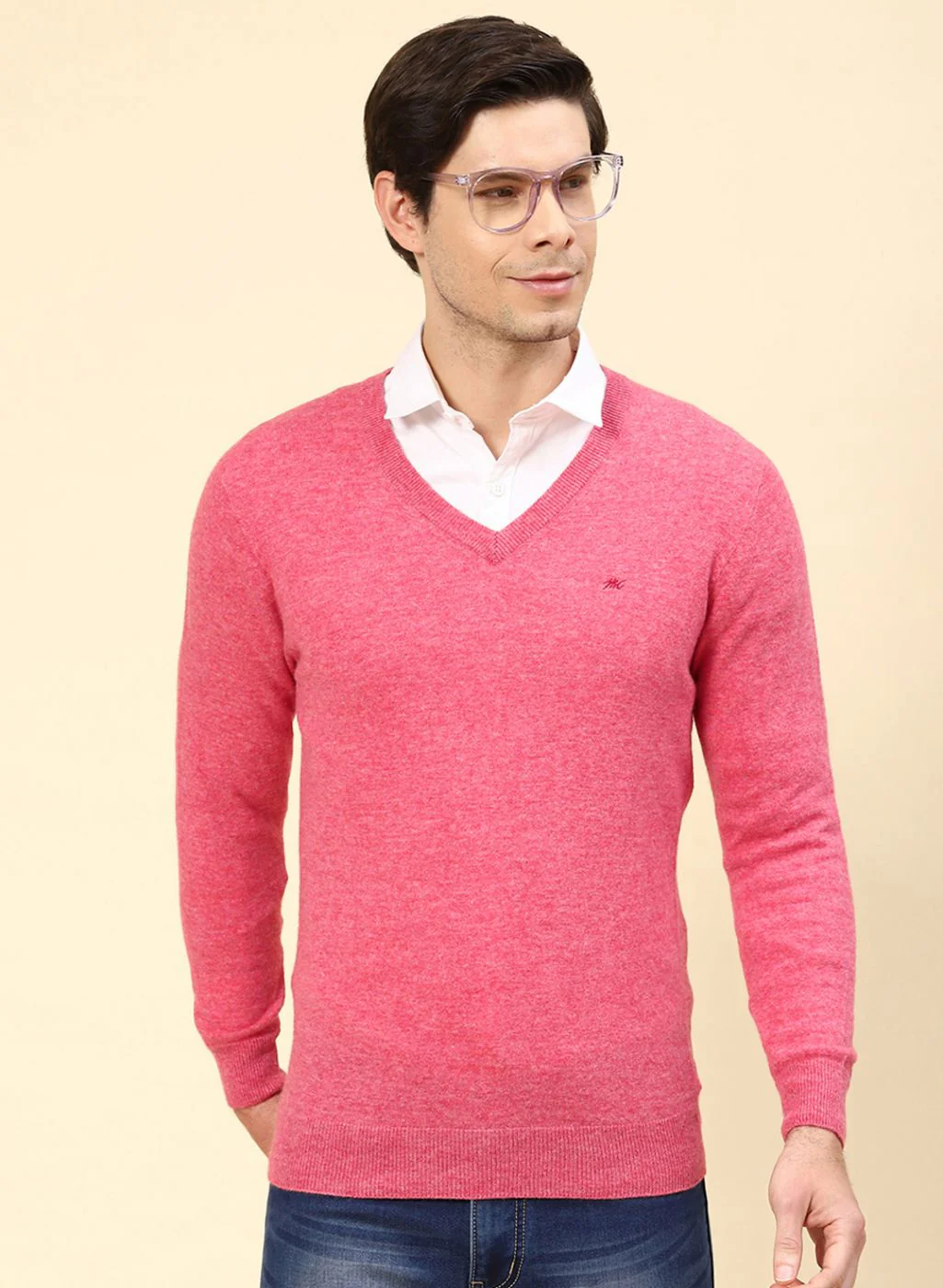 Men Pink Solid Lamb wool Pullover - Image 2