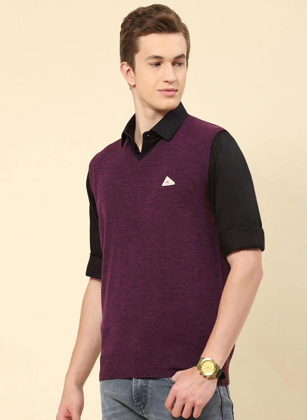 Men Purple Solid Blend wool Sweater - Image 3