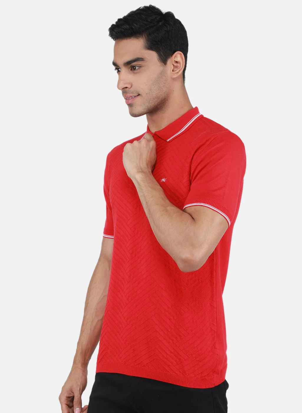 Men Red Self Design T-Shirt - Image 2