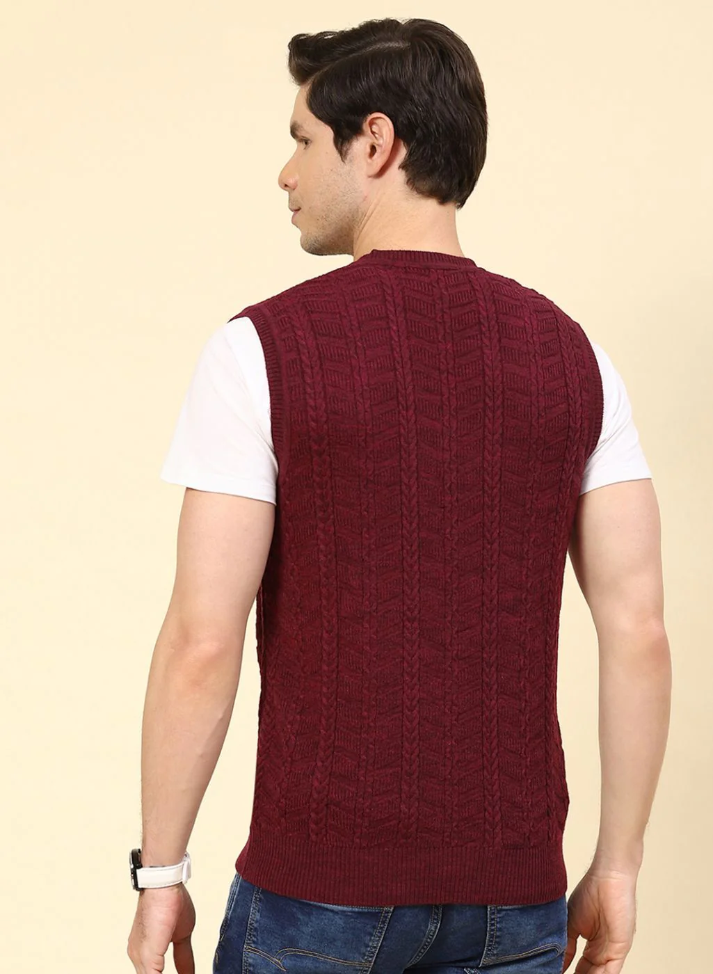 Men Red Self Design Wool blend Sweater - Image 5