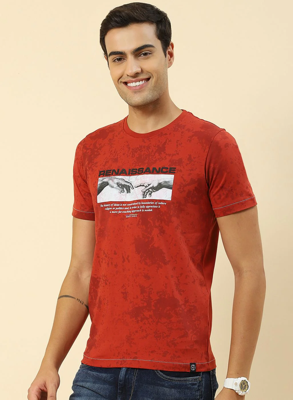 Men Rust Orange Printed T-Shirt - Image 3
