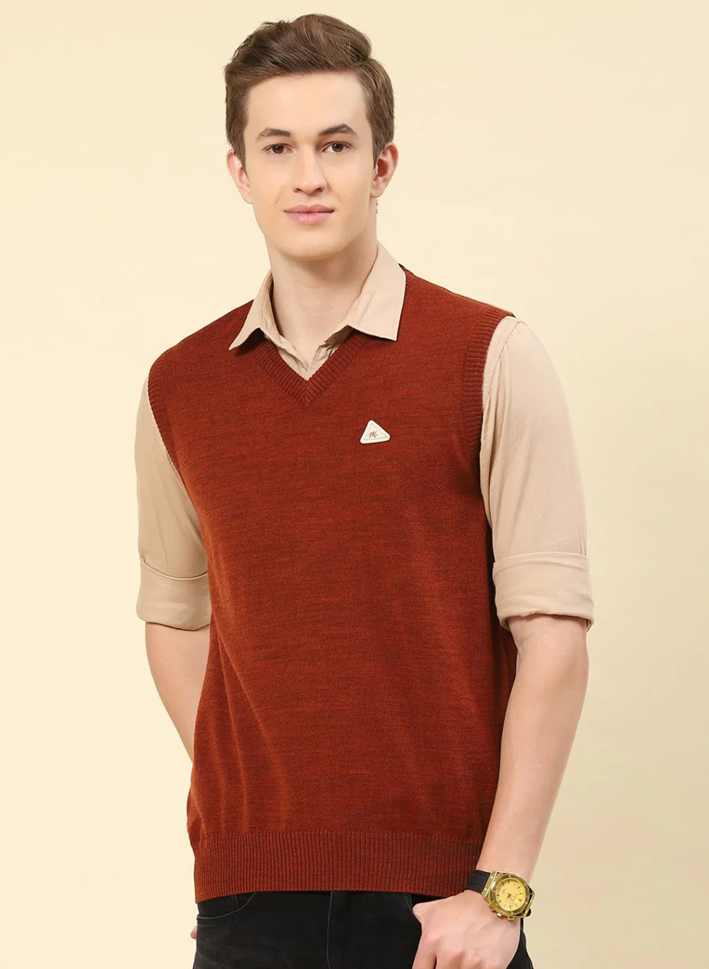 Men Rust Orange Solid Blend wool Sweater - Image 2
