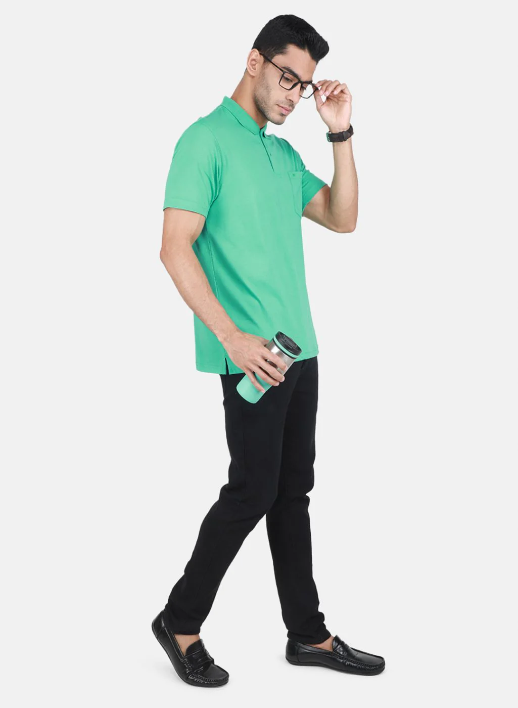 Men Sea Green Solid T-Shirt - Image 4
