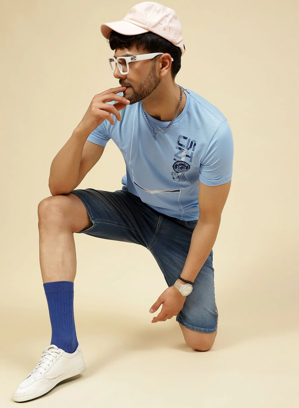 Men Sky Blue Printed T-Shirt - Image 2