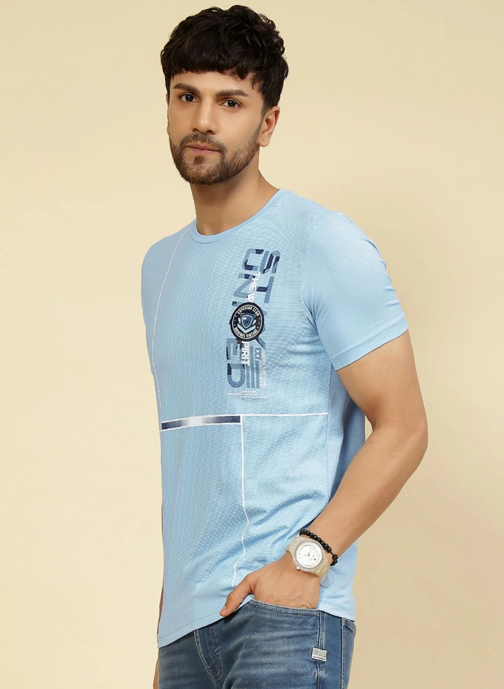 Men Sky Blue Printed T-Shirt - Image 3