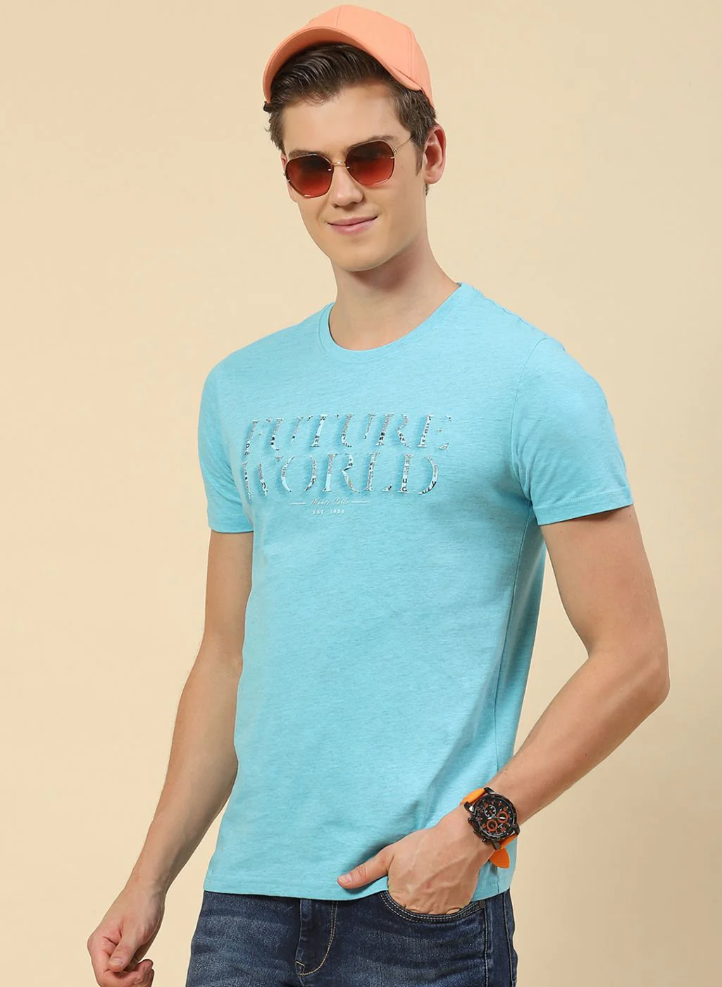 Men Sky Blue Printed T-Shirt - Image 3