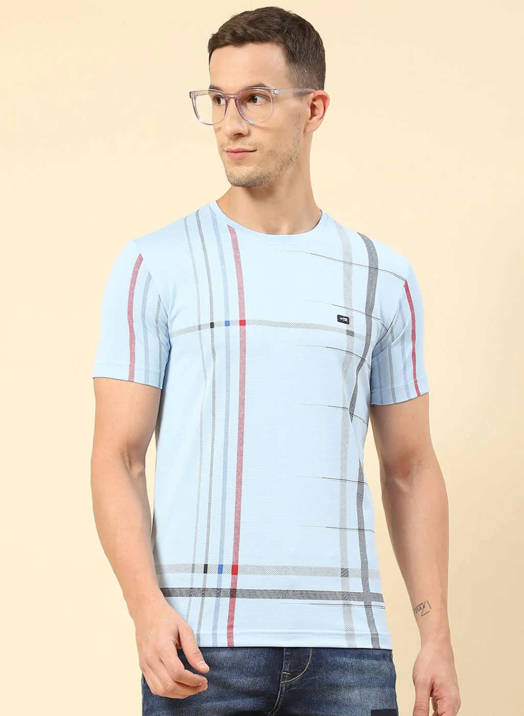 Men Sky Blue Printed T-Shirt - Image 2