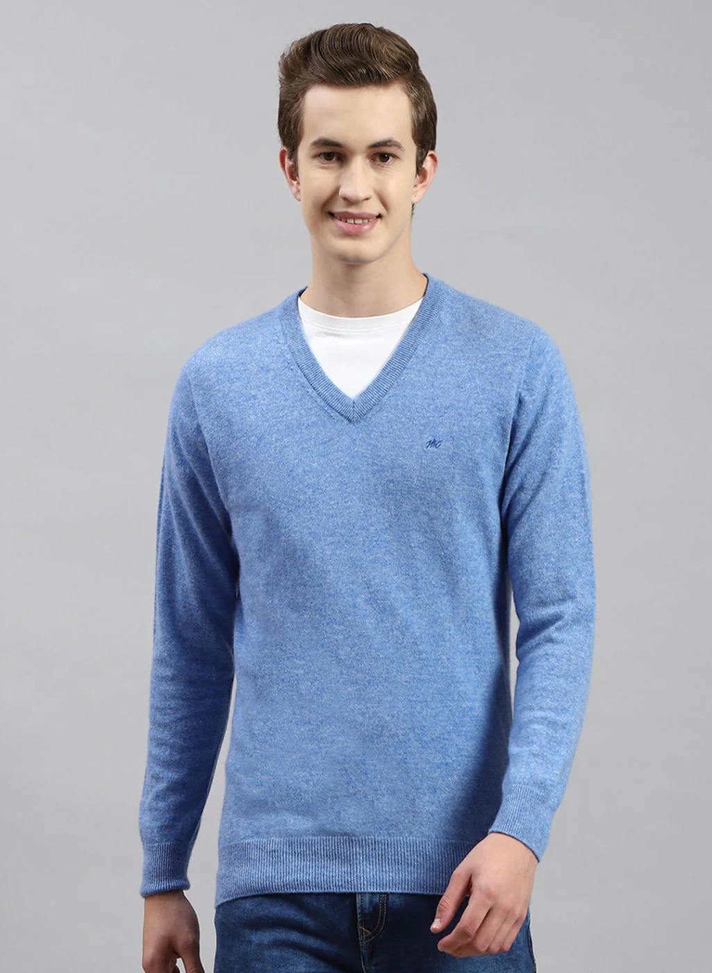 Men Sky Blue Solid Lamb wool Pullover - Image 2