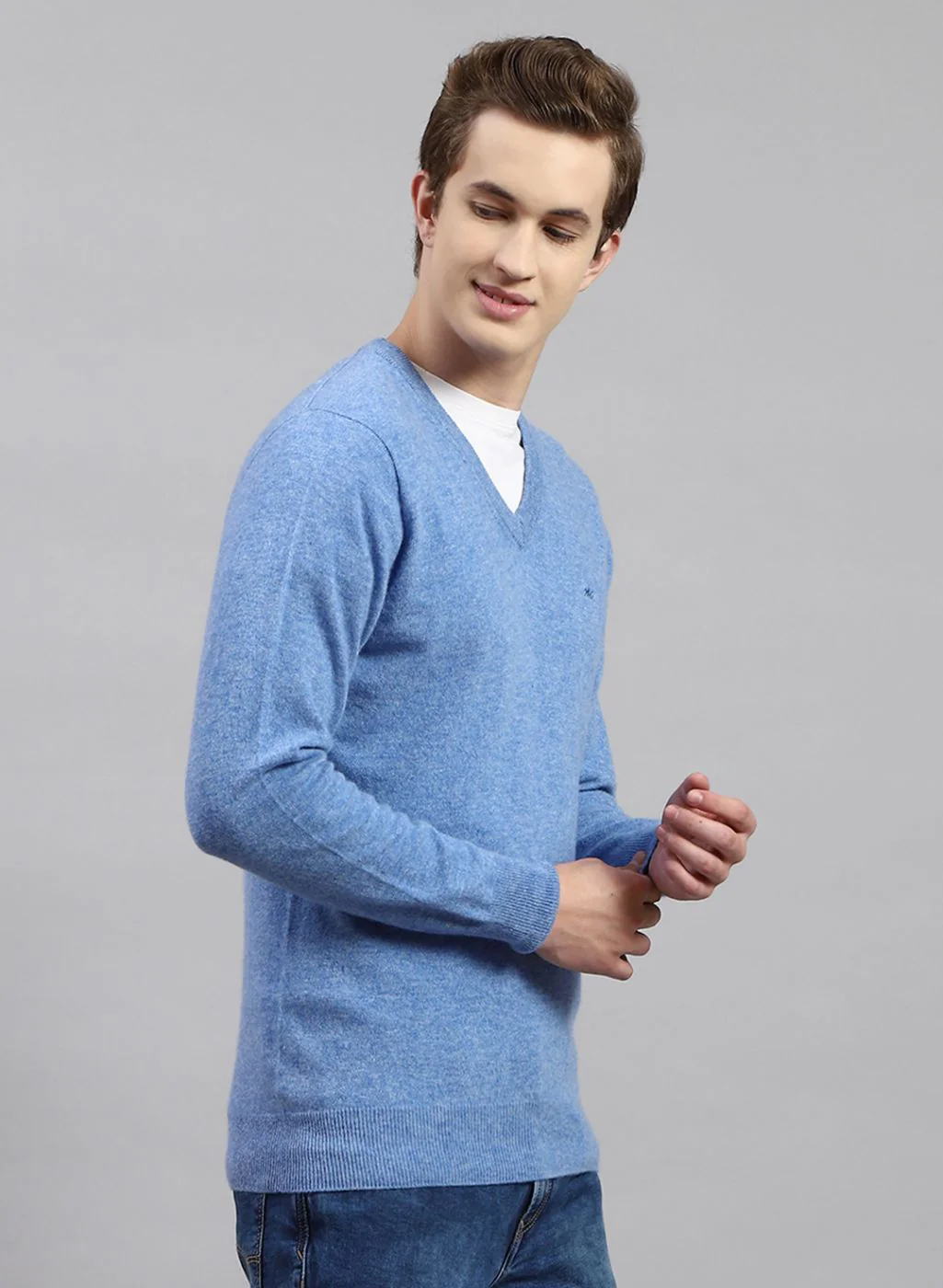 Men Sky Blue Solid Lamb wool Pullover - Image 4
