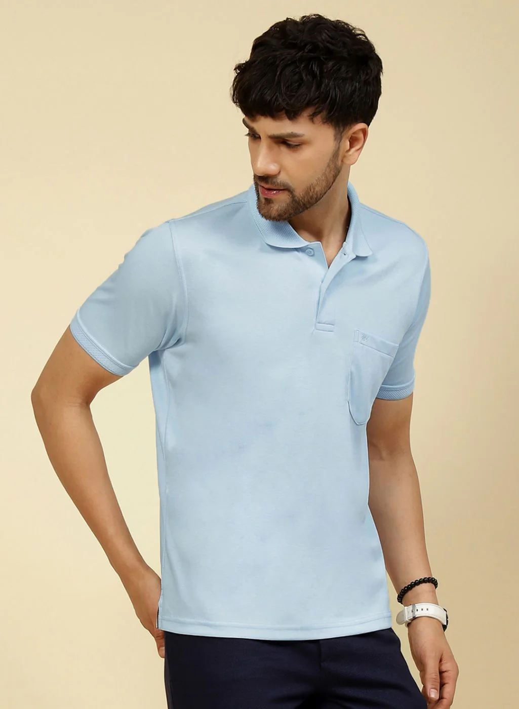 Men Sky Blue Solid T-Shirt - Image 4
