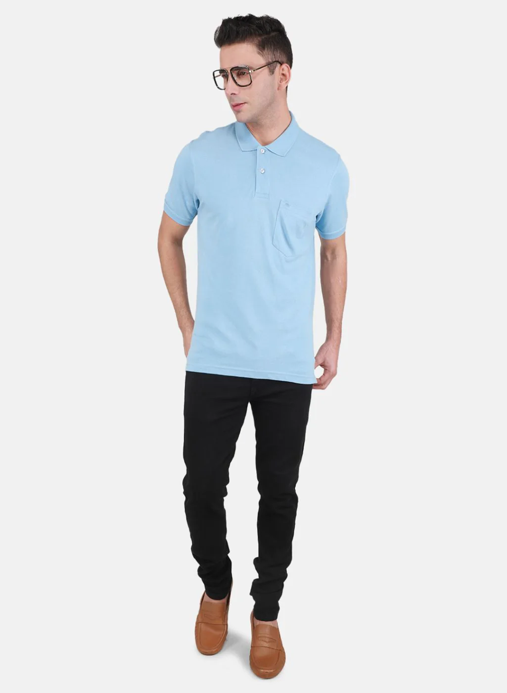 Men Sky Blue Solid T-Shirt - Image 4